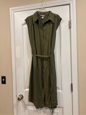 H&M Olive Green Button-Front Midi Linen Shirt Dress